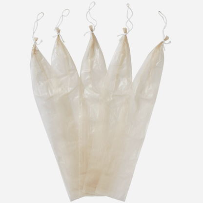 Set of four beige fabric bags with hanging loops on a white background