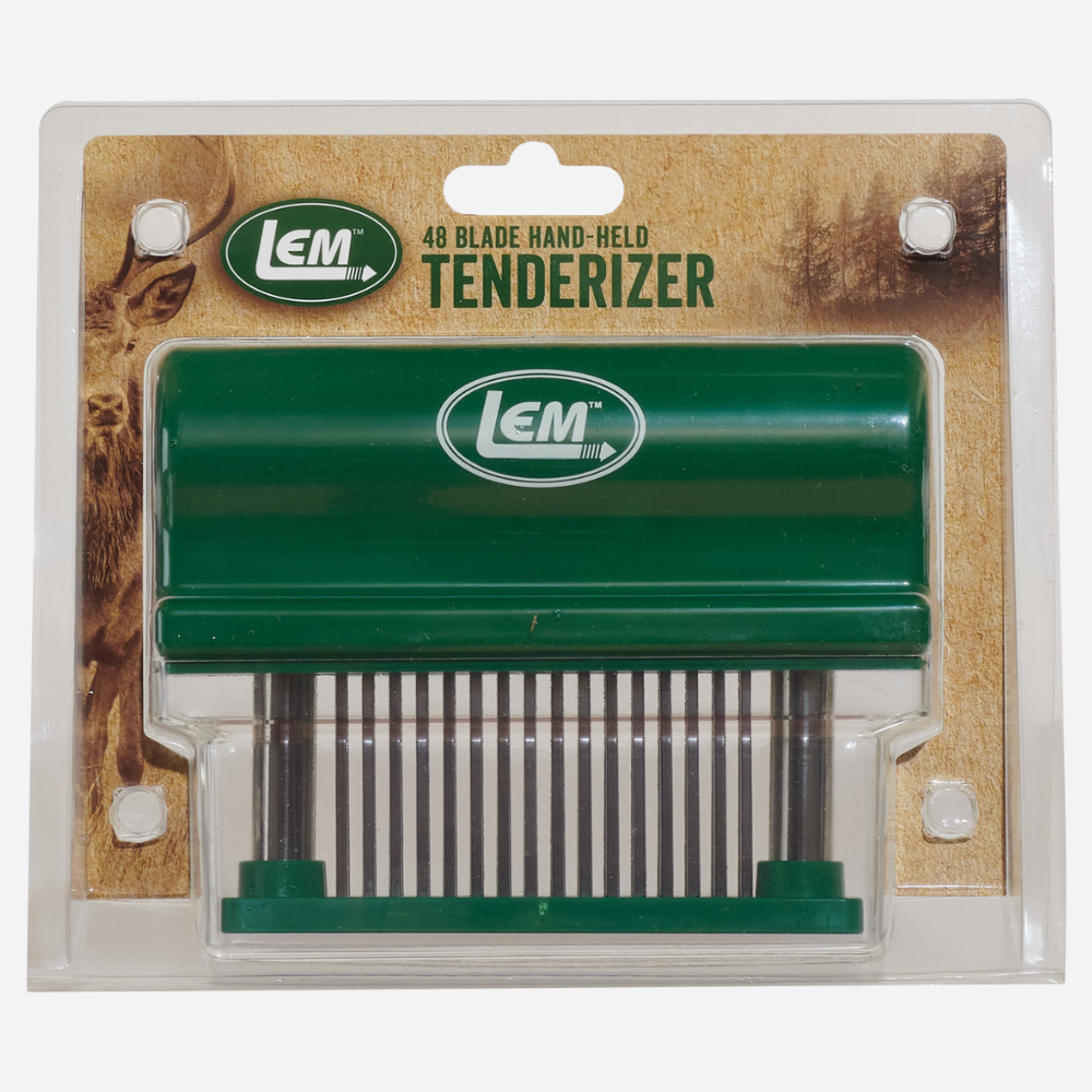 Green blade hand-held tenderizer in packaging with LEM logo