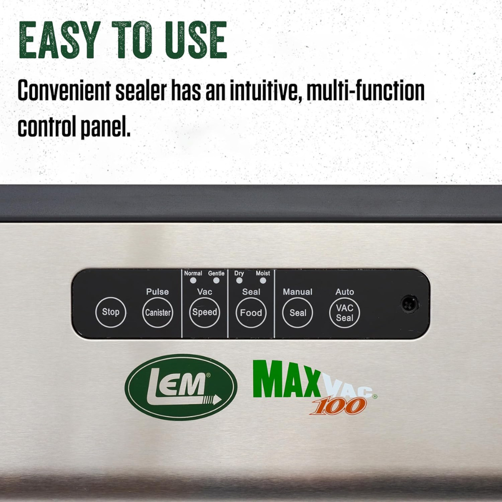 Control panel of a vacuum sealer with LEM and MaxVac logos, featuring text about ease of use.