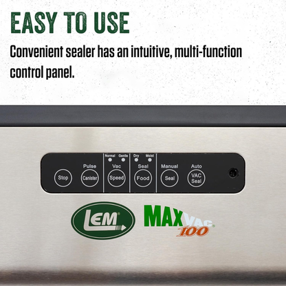 Control panel of a vacuum sealer with LEM and MaxVac logos, featuring text about ease of use.