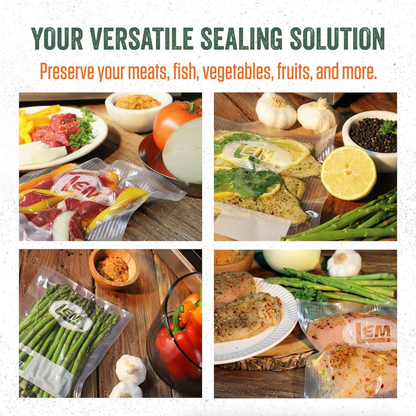 Promotional image of food packaging solutions with text about preserving meats, fish, vegetables, fruits, and more.
