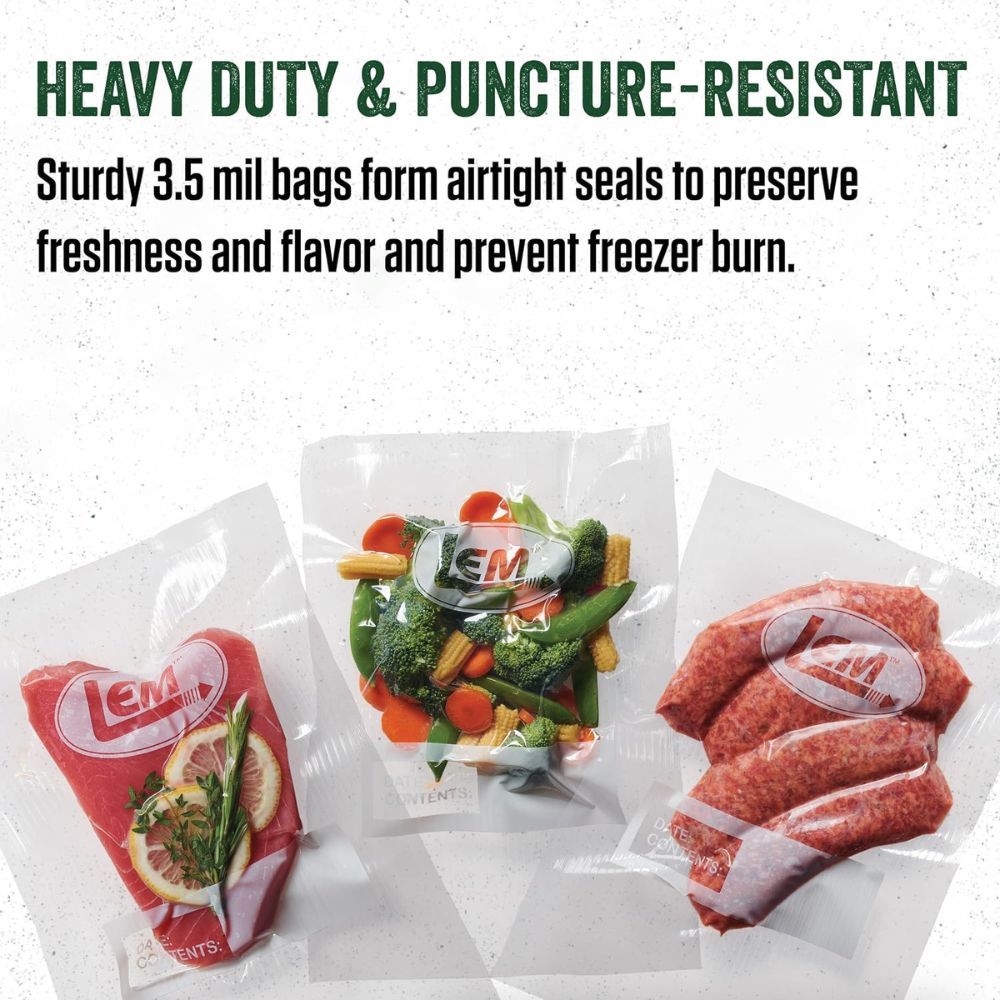 Plastic bags with LEM brand logo containing various food items on a white background.