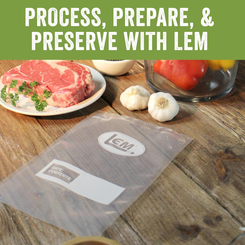Meat on a plate with garlic and tomatoes, LEM vacuum seal bag in foreground, text 'Process, Prepare, & Preserve with LEM' on green background.