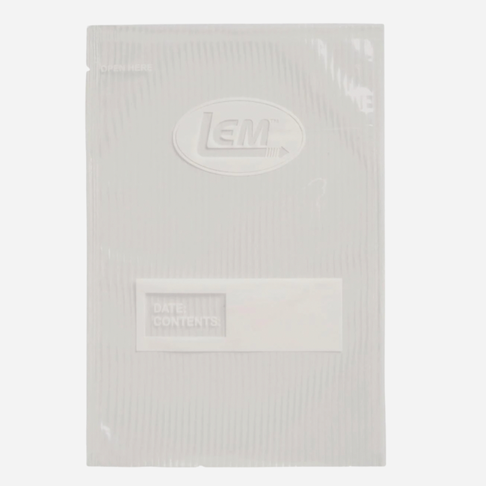 White textured packaging with 'LEM' branding on a light gray background