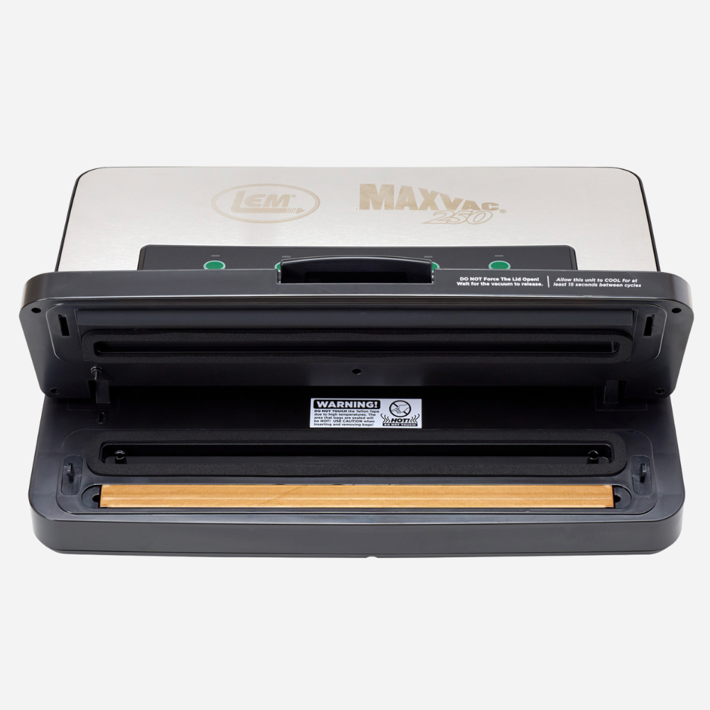 Black LEM Maxvac vacuum sealer on a white background