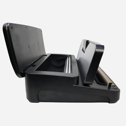 Black electronic device with open lid on a white background