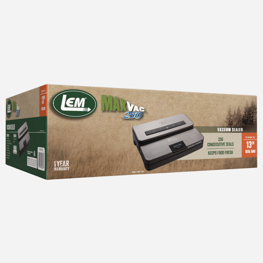 Box packaging of LEM Max Vac 250 vacuum sealer on a white background