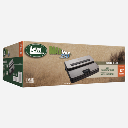 Box packaging of LEM Max Vac 250 vacuum sealer on a white background