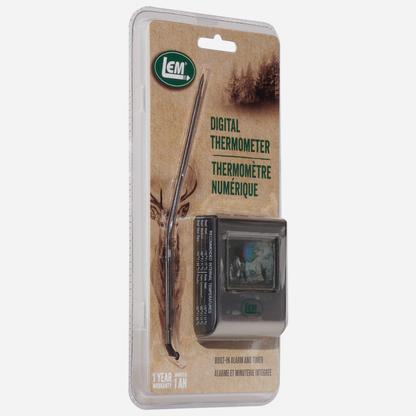 Digital thermometer in packaging with LEM logo on a white background