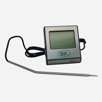 Digital thermometer with a probe on a white background, featuring the LEM brand.