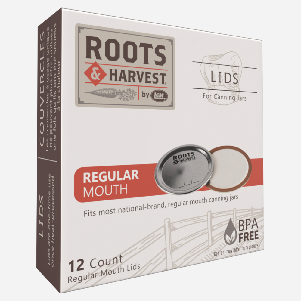 Box of Roots & Harvest canning jar lids on a white background