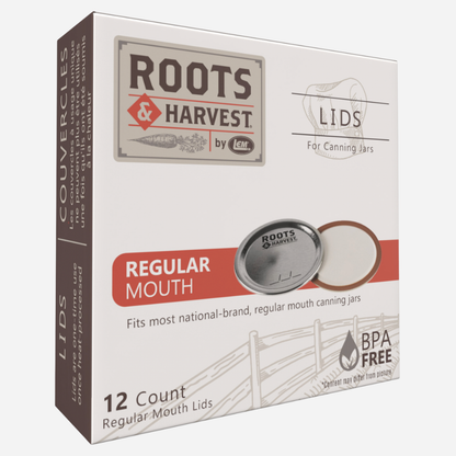 Box of Roots & Harvest canning jar lids on a white background