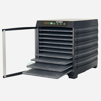 Black dehydrator with open door on a white background