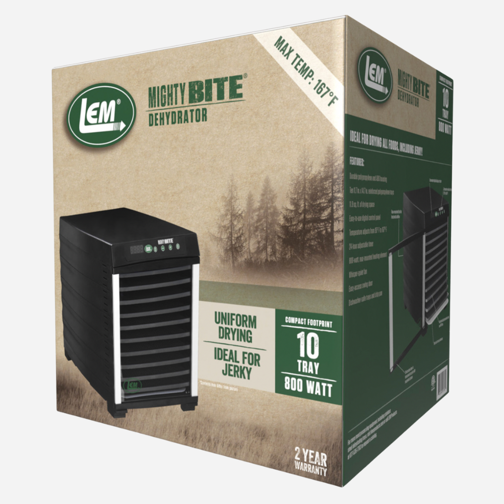 Box packaging of LEM Mighty Bite Dehydrator with product image and features on a white background