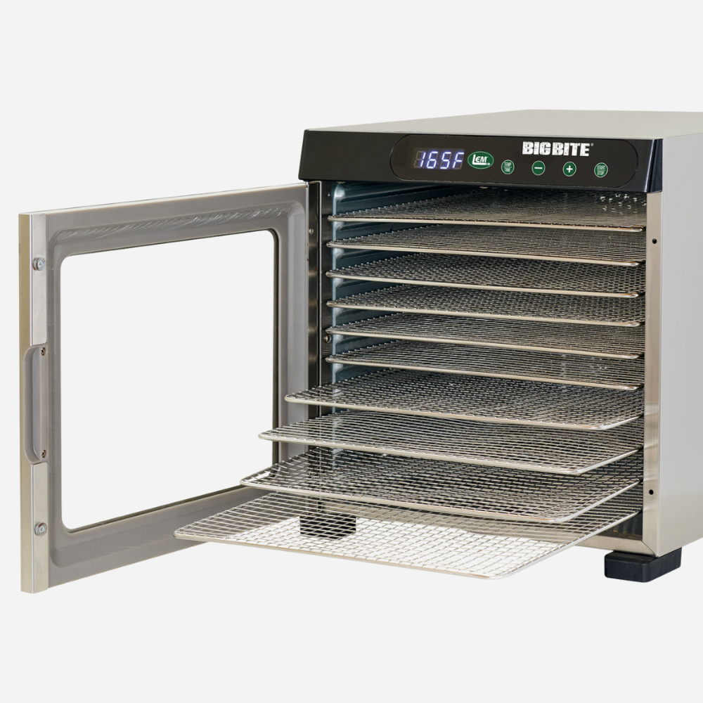 Dehydrator with open door displaying temperature on a white background