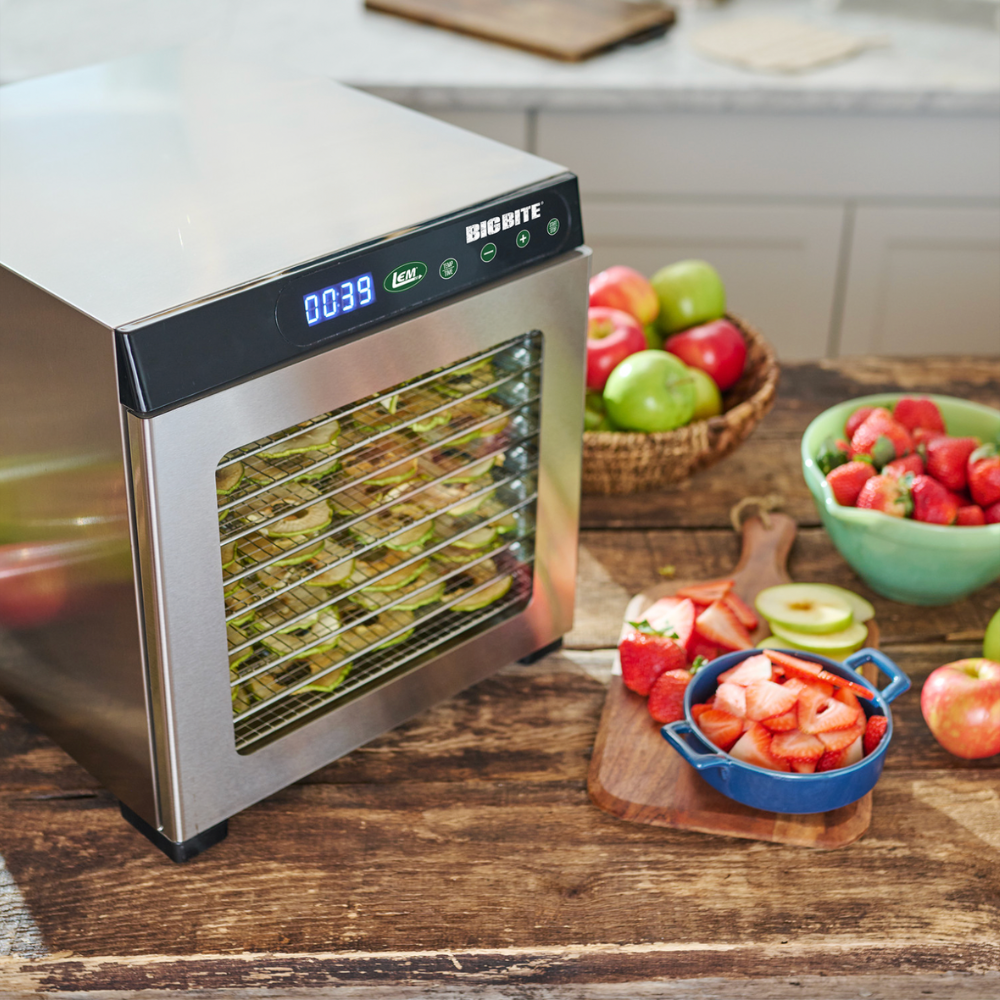 Dehydrator with fruits and vegetables on a kitchen counter