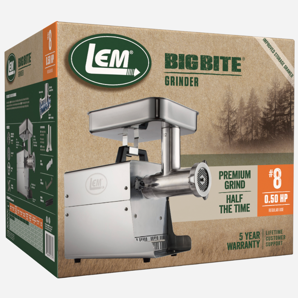 Box of LEM Big Bite Grinder with product and branding details.