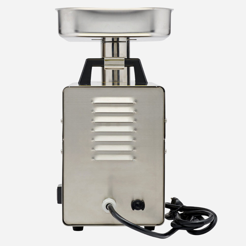 Stainless steel meat grinder on a white background
