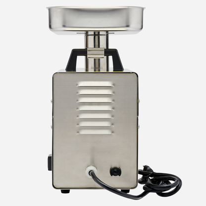 Stainless steel meat grinder on a white background