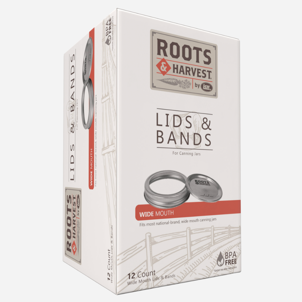 Box of Roots Harvest lids and bands for canning jars on a white background