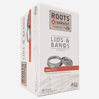 Box of Roots Harvest lids and bands for canning jars on a white background