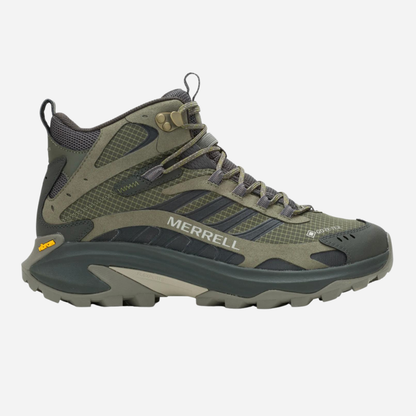 Green hiking boot with Merrell branding on a white background