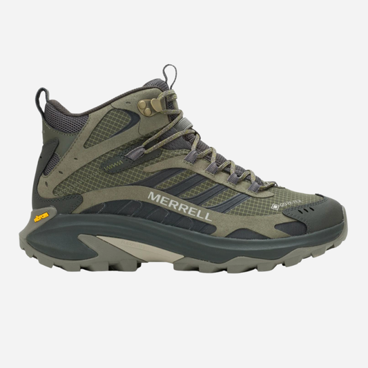 Green hiking boot with Merrell branding on a white background