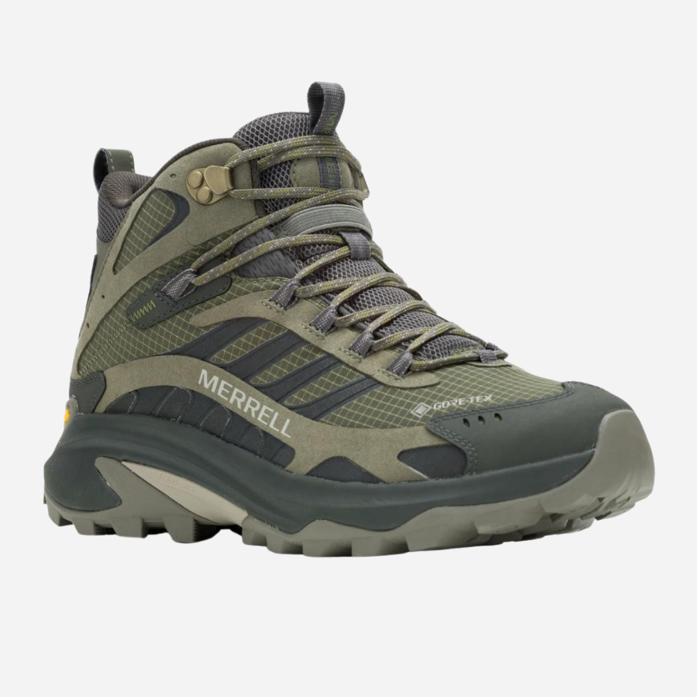 Green hiking boot with Merrell branding on a white background