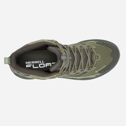 Green hiking boot with Merrell branding on a white background