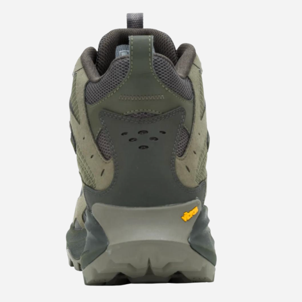 Green hiking boot with brand logo on a white background