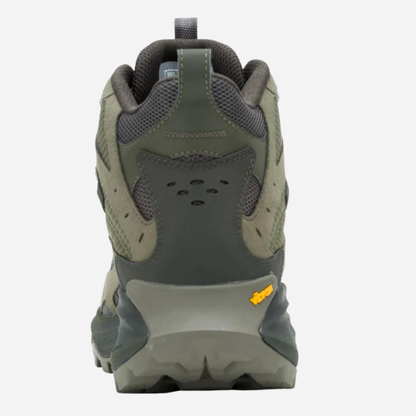Green hiking boot with brand logo on a white background