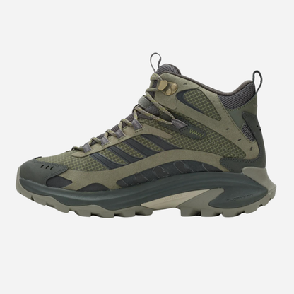 Green hiking boot with gray accents on a white background
