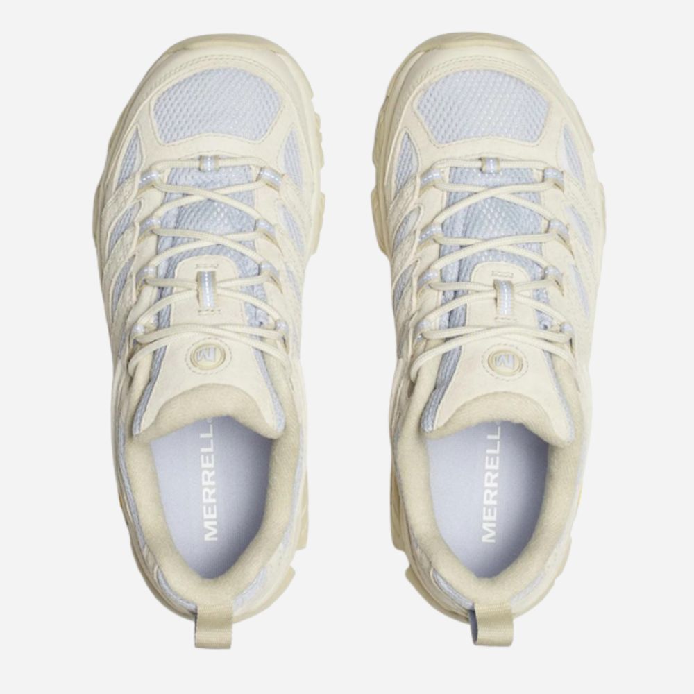 A pair of Merrell hiking shoes shown from a top-down view, featuring a light cream and pale blue colorway with white laces and a thick textured sole.