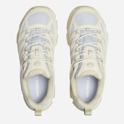 A pair of Merrell hiking shoes shown from a top-down view, featuring a light cream and pale blue colorway with white laces and a thick textured sole.