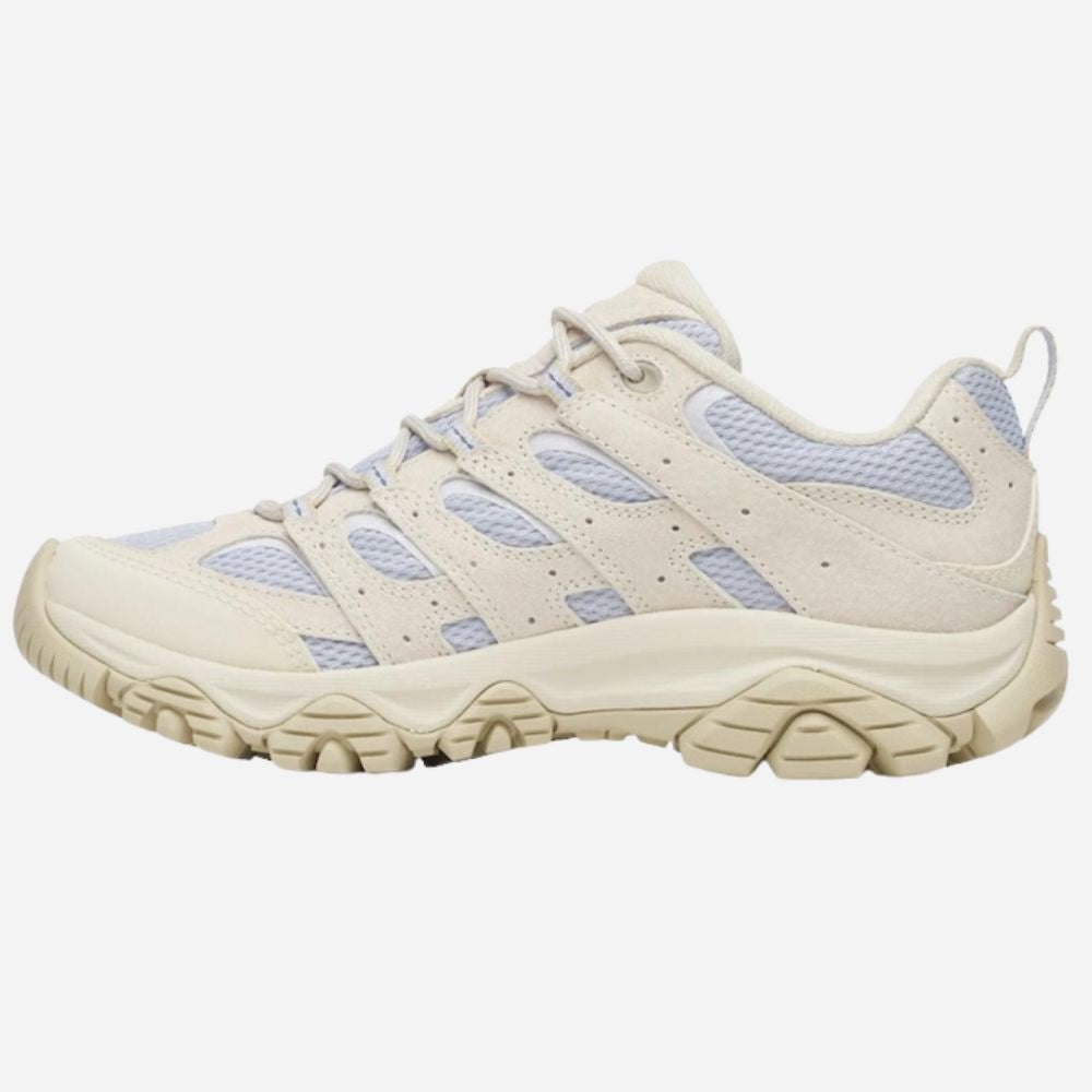 A light beige and pale blue hiking shoe shown from the side against a light gray background.