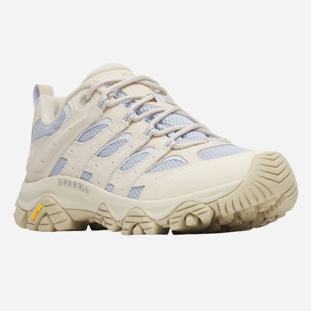 A single Merrell hiking shoe in off-white and light blue, shown from a side profile view against a light gray background.