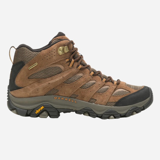 Brown hiking boot with black accents on a white background