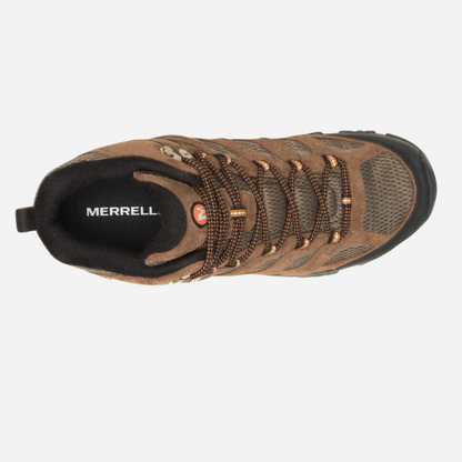 Brown hiking boot with visible Merrell logo on a white background