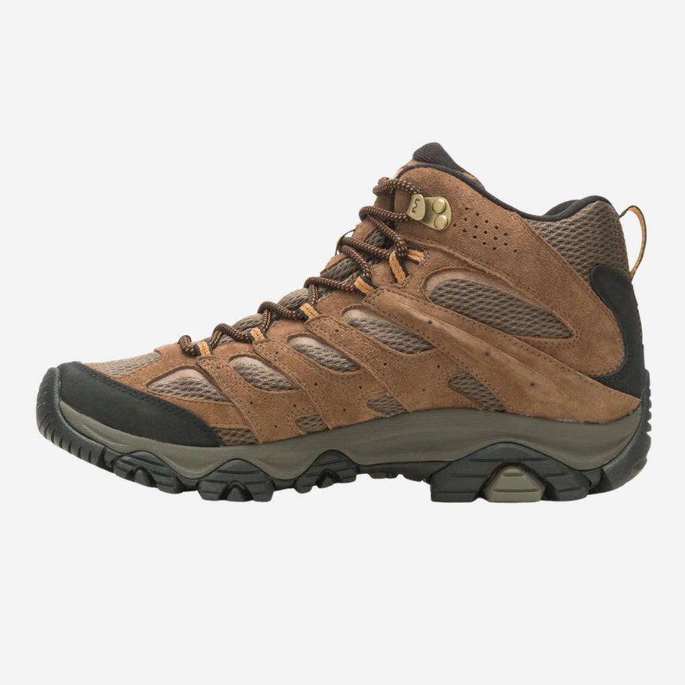 Brown hiking boot with black sole on a white background
