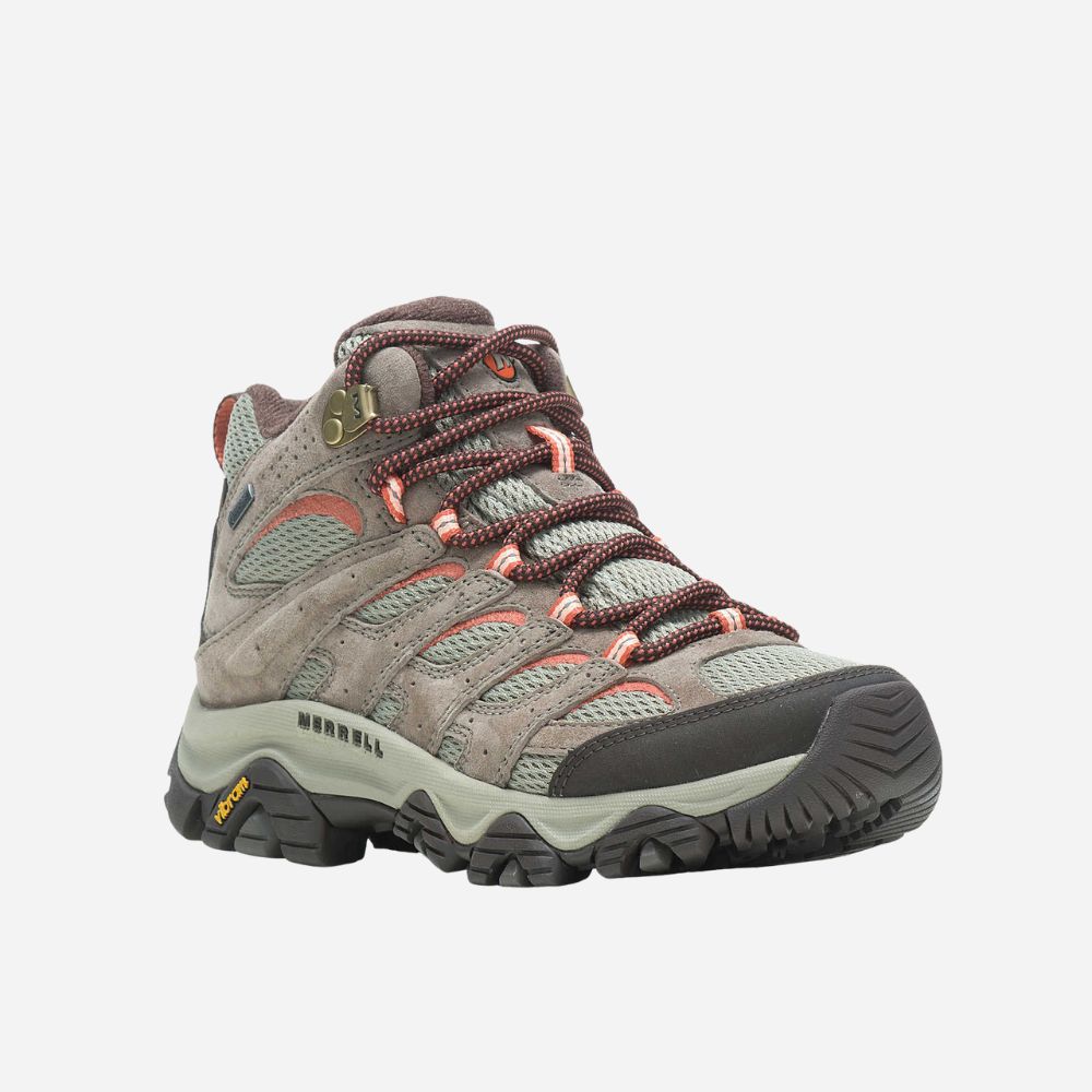 Hiking boot with brown and gray color scheme on a white background