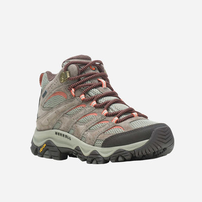 Hiking boot with brown and gray color scheme on a white background