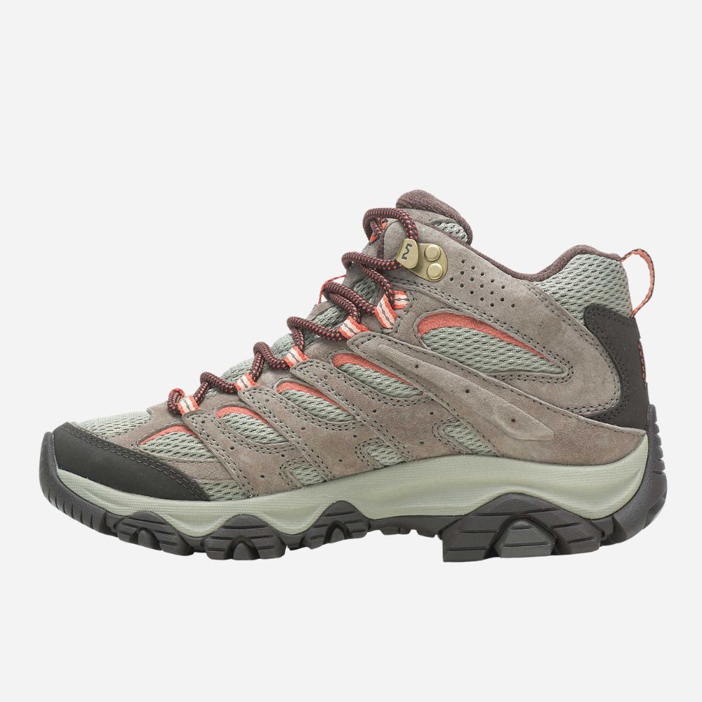 Gray hiking boot with orange accents on a white background