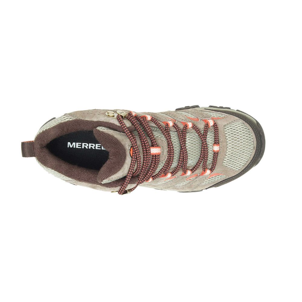 Merrell hiking shoe with brown laces on a white background