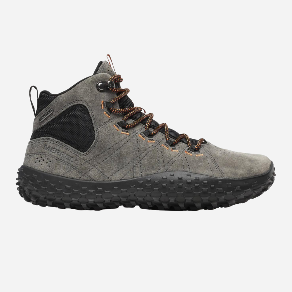 Gray hiking boot with brown laces on a light gray background