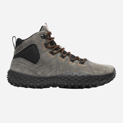 Gray hiking boot with brown laces on a light gray background