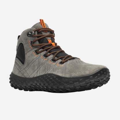 Gray hiking boot with orange accents on a white background