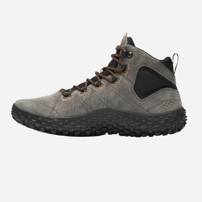Gray hiking boot with brown laces on a white background