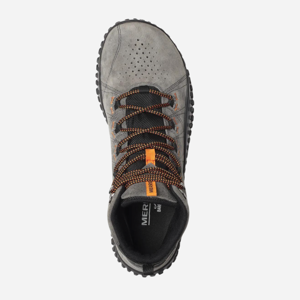 Gray hiking boot with orange laces and sole on a white background