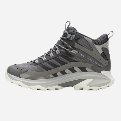 Gray hiking boot with white sole on a white background