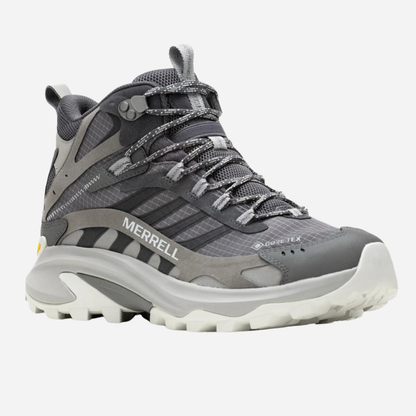 Gray hiking boot with Merrell branding on a white background